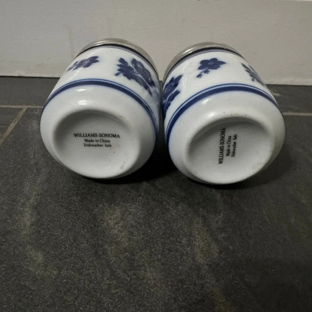 Williams Sonoma Blue Floral Porcelain Egg Coddlers Stainless Steel Lids Set of 2